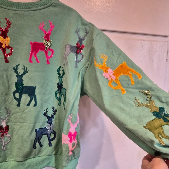 Queen of Sparkles Mint Green Sweatshirt With Velvet Reindeer & Bows - Picture 4 of 7